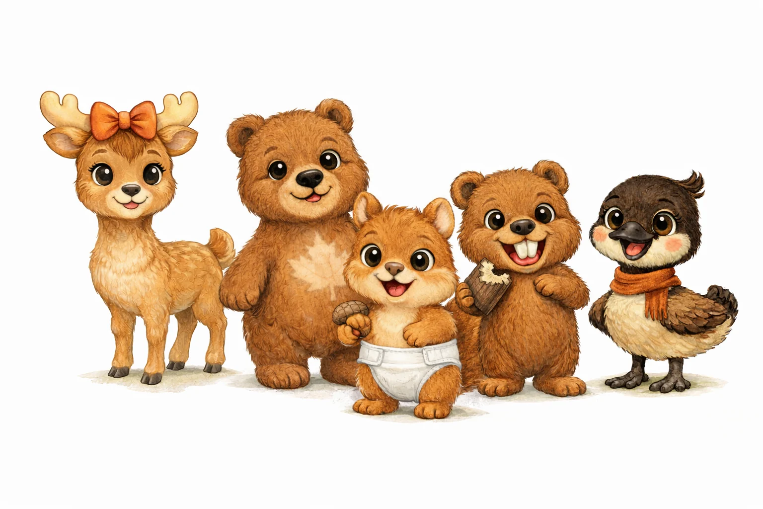 Los cinco personajes ROOTS: Timmy, Jasper, Maple, Chip y Luny