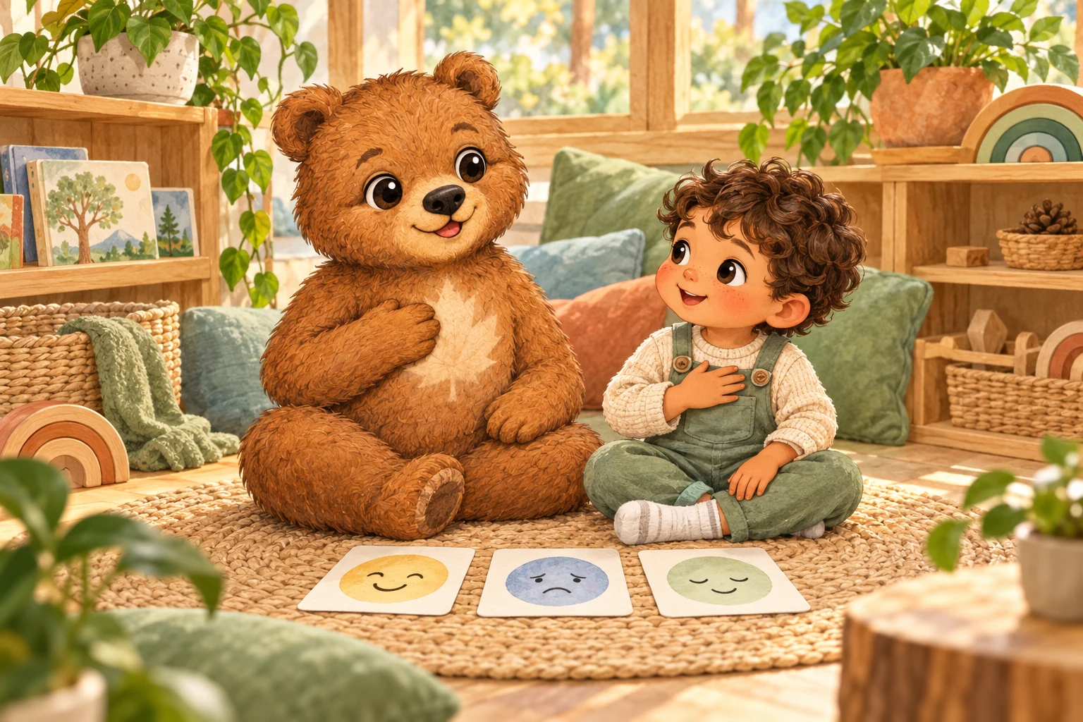 Jasper acompaña a un niño a reconocer emociones y respirar en un rincón acogedor.