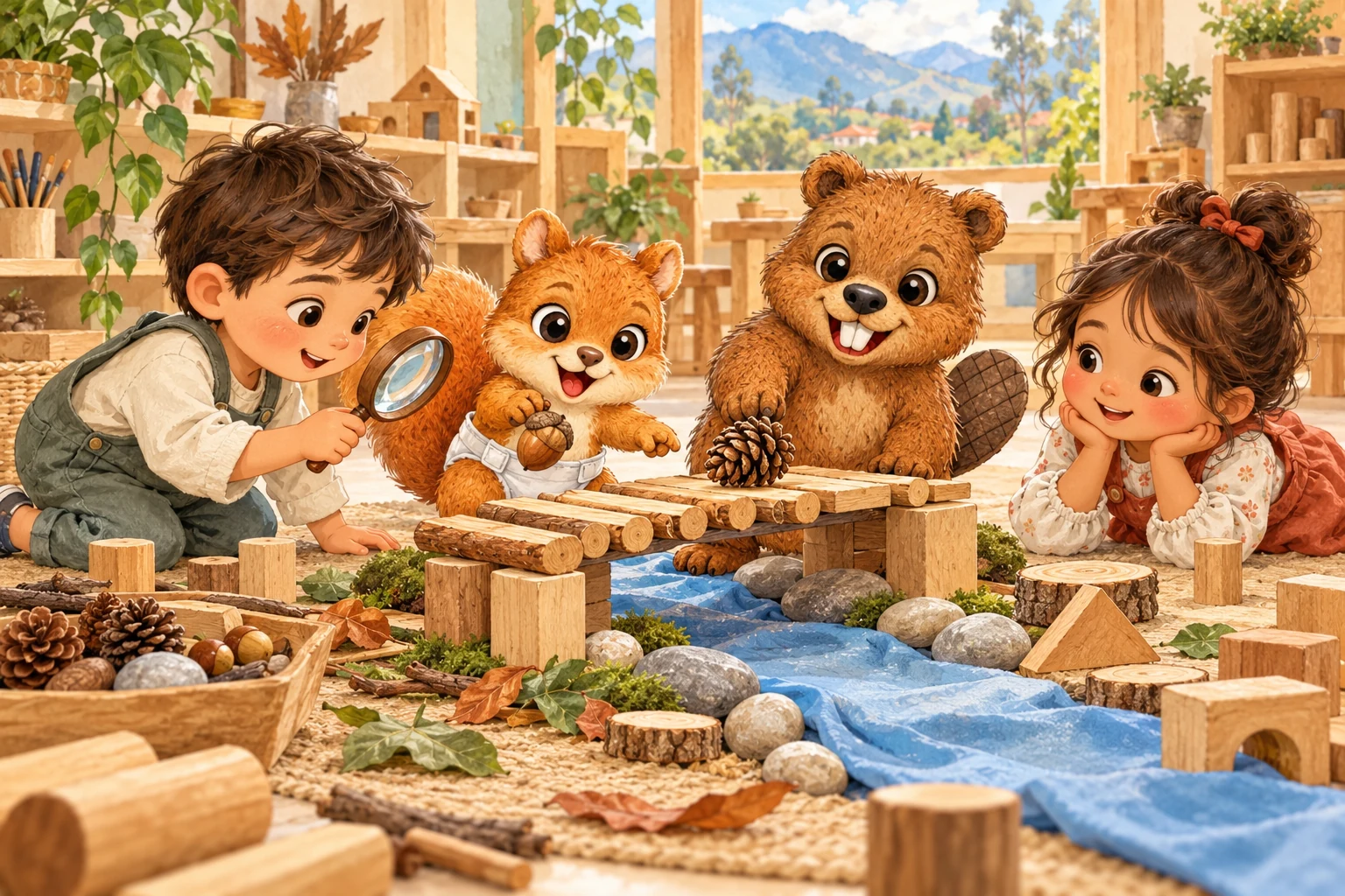 Timmy y Chip construyen y prueban un puente de madera con niños.