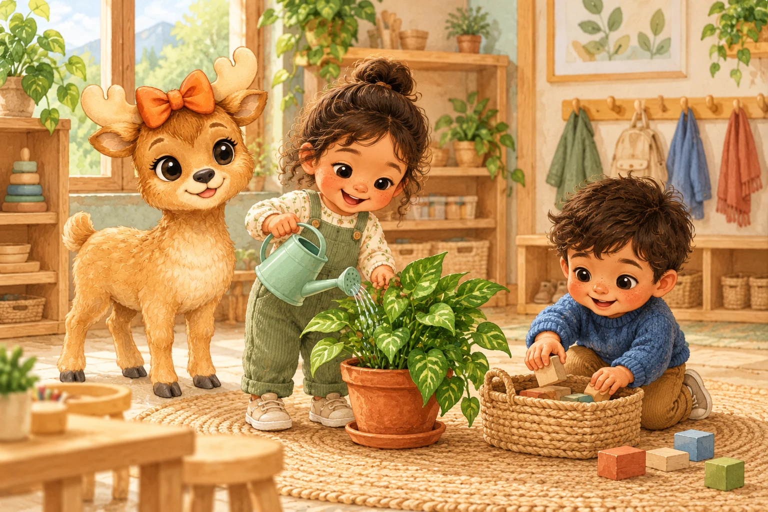 Maple anima a niños que riegan una planta y organizan materiales de forma autónoma.